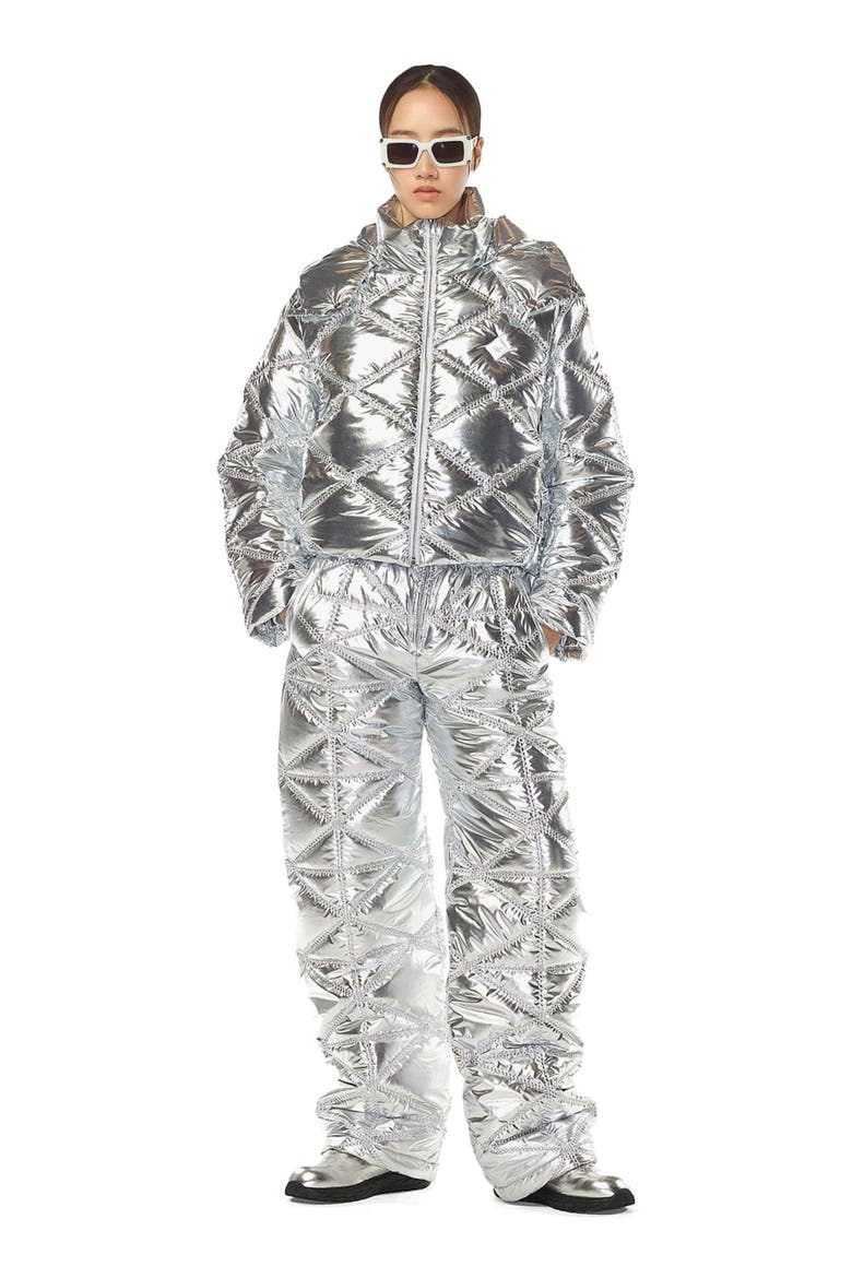 Apres-Ski Quilted Puffer Jacket in Metallic Polyester, Main, color, silver
