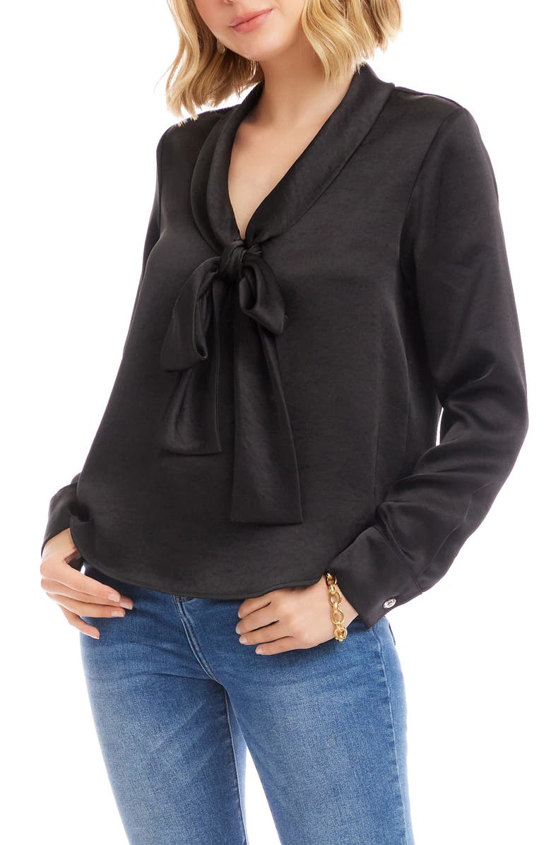 Karen Kane Tie Neck Satin Top, Alternate, color, Black