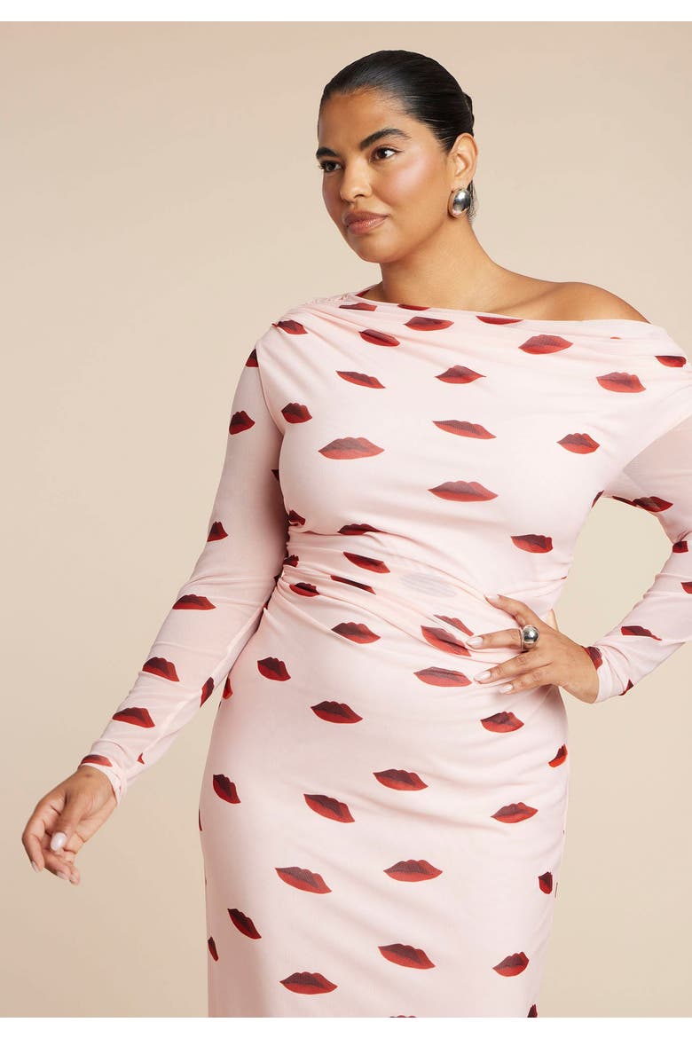 Asym Neck Printed Mesh Dress, Alternate, color, ROUGE LOVERS