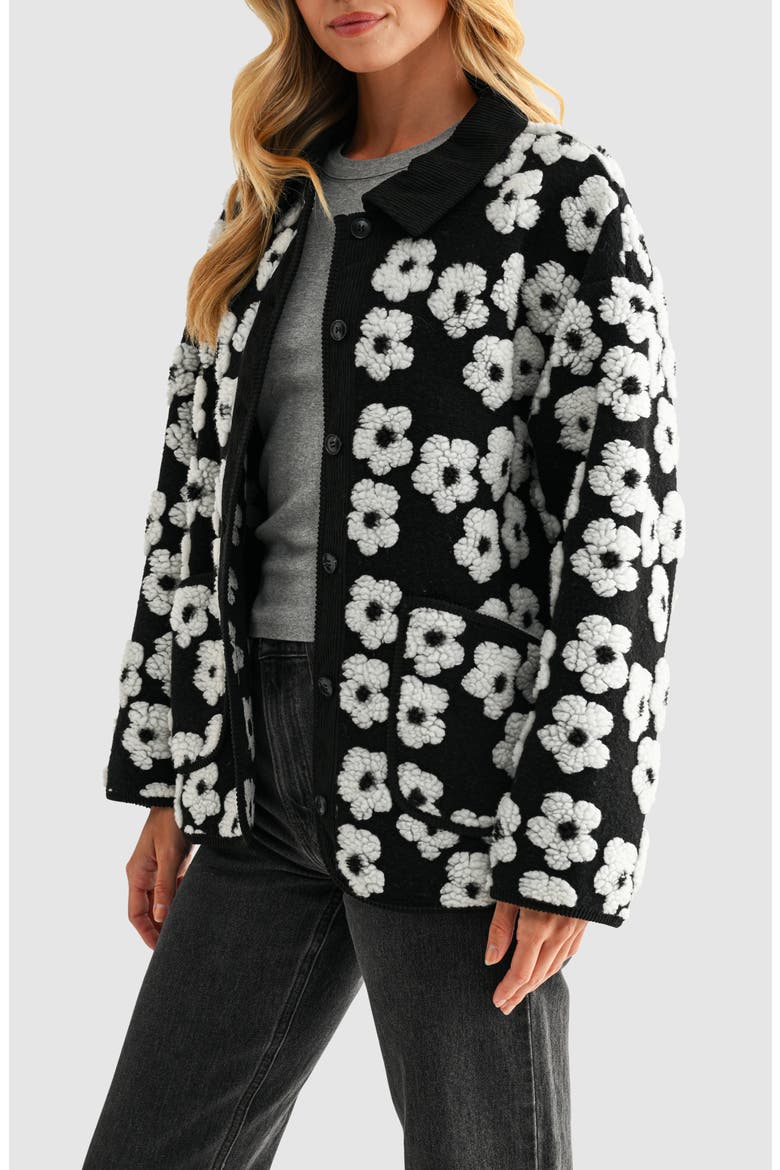 Floral High Pile Fleece Jacket, Main, color, BLACK WHITE