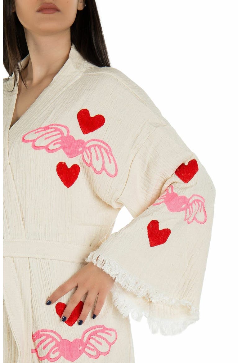 Valentine - Red Hearts Handmade Cotton Robe Cover-Up, Alternate, color, Off-White