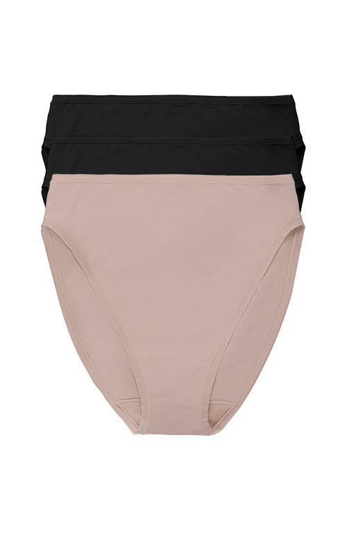 Natori Bliss Bare Cotton High Cut Brief 3-pack In Black/black/cafe