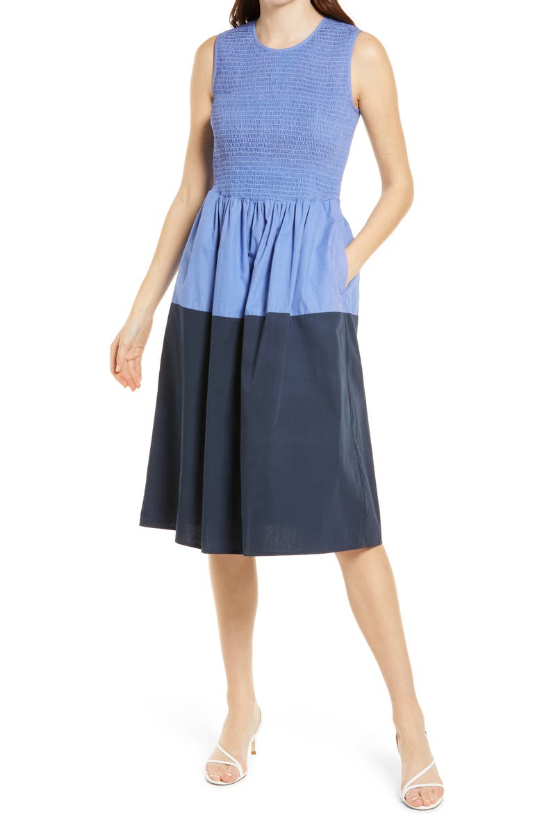 French Connection Rhodes Colorblock Smocked Poplin Dress, Main, color,