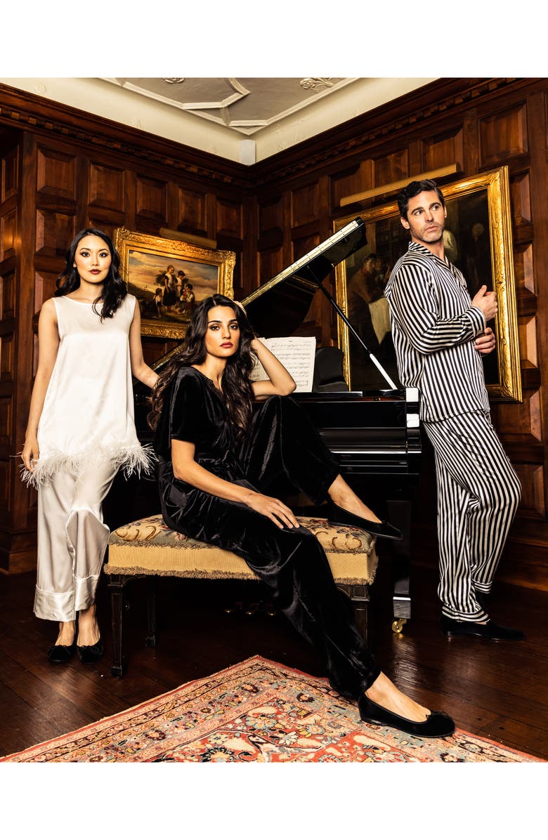 Petite Plume Bengal Stripe Silk Pajamas, Alternate, color, Black