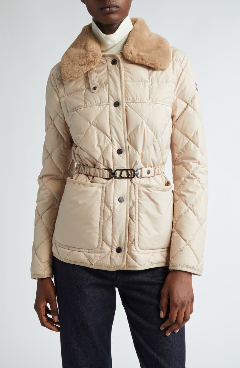 Moncler Cygne Belted Down Puffer Jacket with Removable Faux Fur Collar, Main, color, 