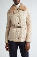 Moncler Cygne Belted Down Puffer Jacket with Removable Faux Fur Collar