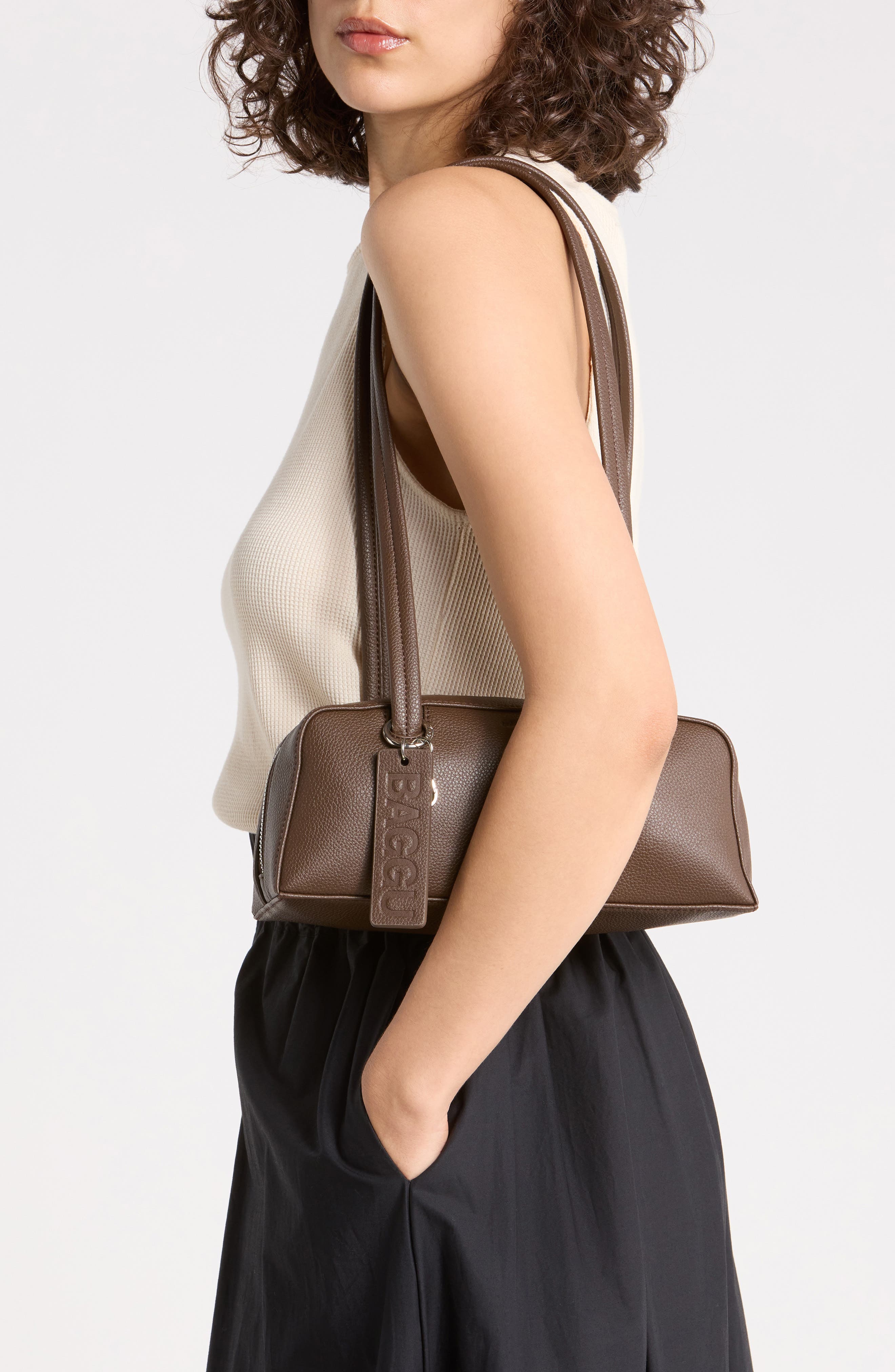 Small Recycled Leather Bowler Shoulder Bag, Alternate, color, BROWN