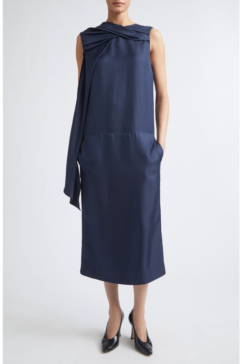 Izia Draped Silk Twill Cape Dress, Main, color, NAVY