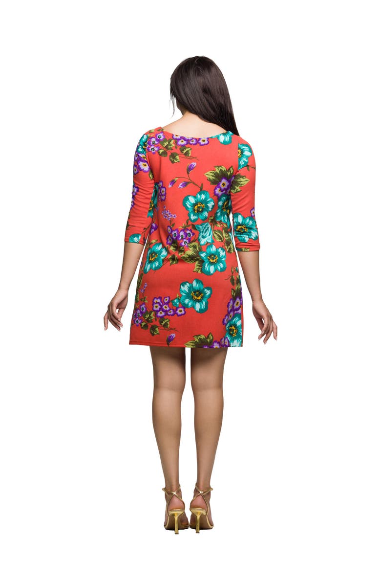 24seven Comfort Apparel Floral Print Three Quarter Sleeve A Line Knee Length Dress, Alternate, color, Orange Multi