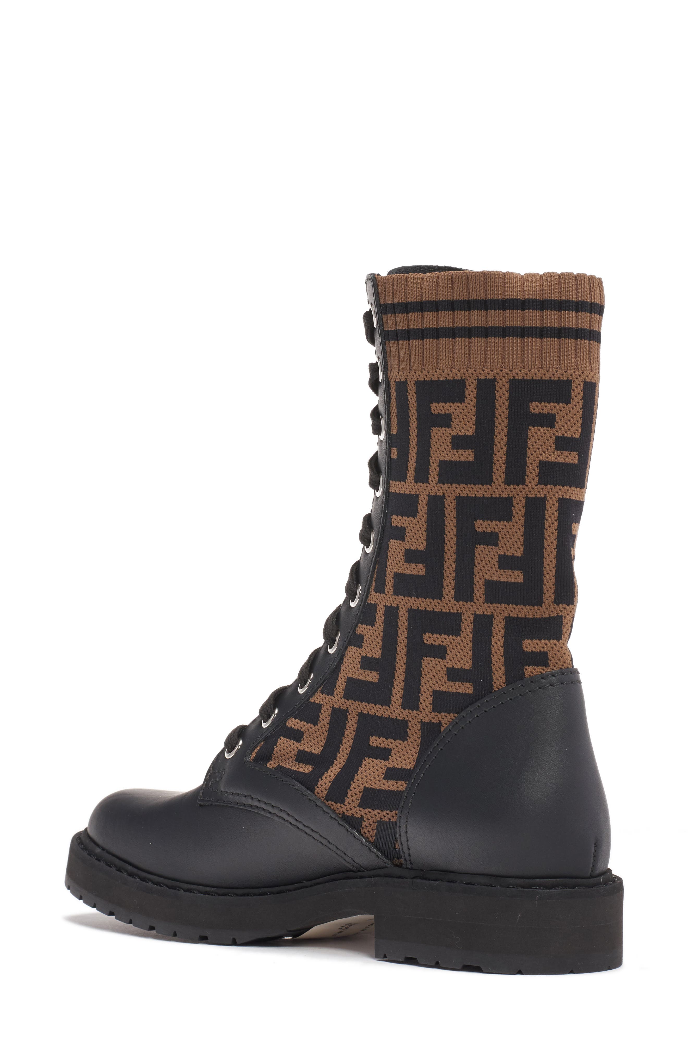 Fendi Rockoko Logo Sock Lace-Up Combat Boot, Alternate, color, 