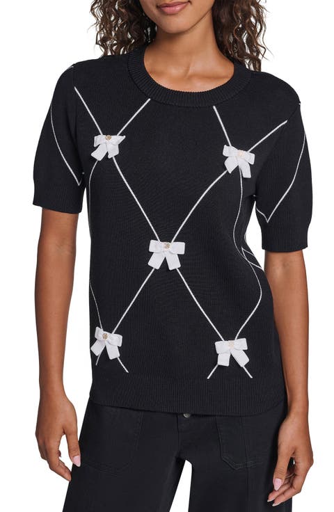Bow Embellished Short Sleeve Argyle Sweater