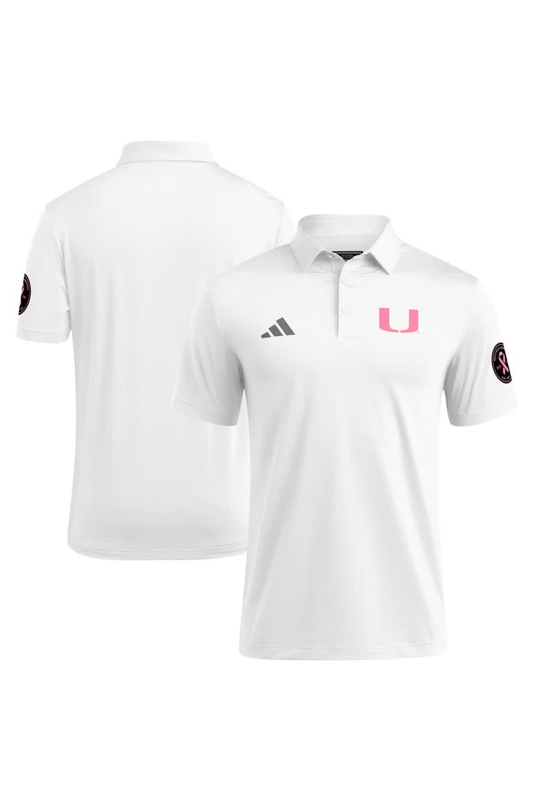 Men's adidas White Miami Hurricanes Wear Pink Breast Cancer Awareness Polo, Main, color, White