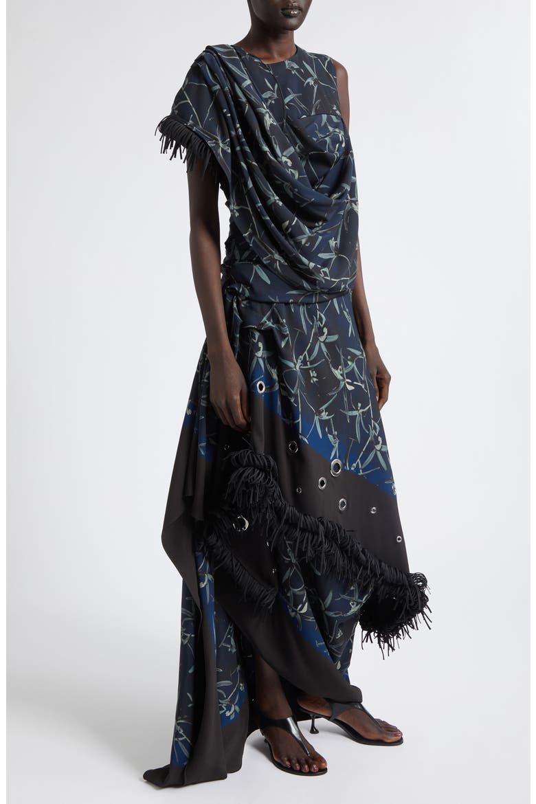 Bodine Asymmetric Fringe Cowl Neck Dress, Alternate, color, INK MULTI