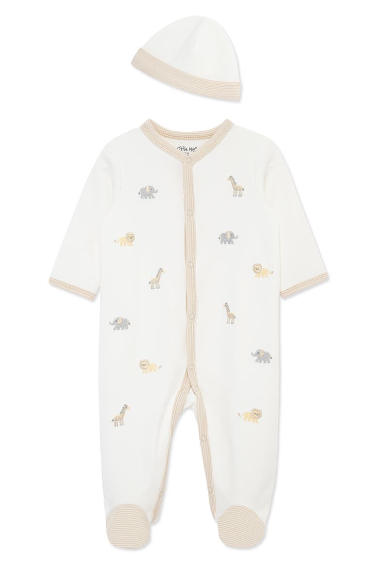 Jungle Schiffli Embroidered Cotton Snap Footie & Hat Set (Nordstrom Exclusive), Main, color, WHITE