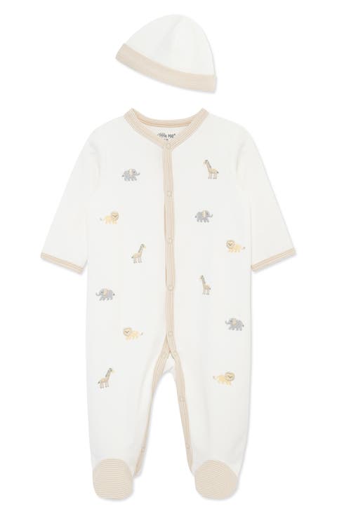 Jungle Schiffli Embroidered Cotton Snap Footie & Hat Set (Baby) (Nordstrom Exclusive)