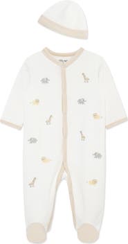 Little Me Jungle Schiffli Embroidered Cotton Snap Footie & Hat Set