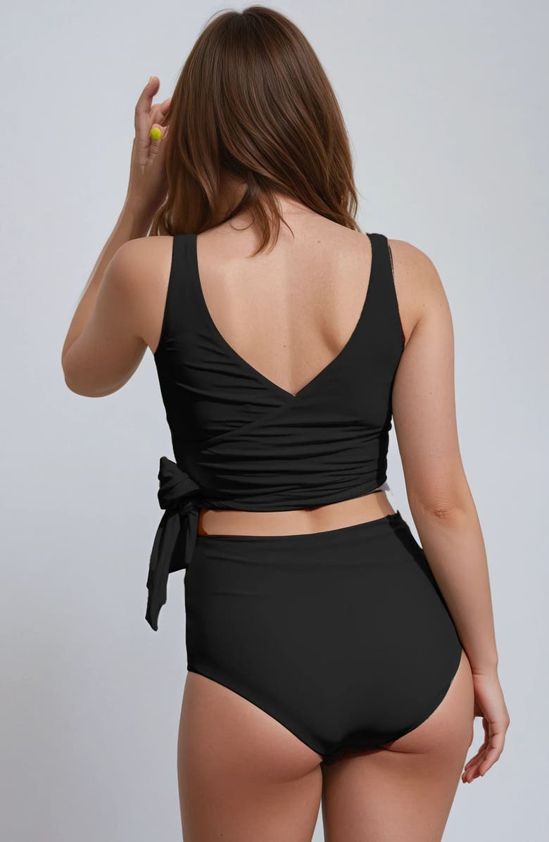Calypsa Plus Size Emery 2-Piece Wrap Style Swim Set With Reversible Top and High-Waisted Bottom, Alternate, color, Black