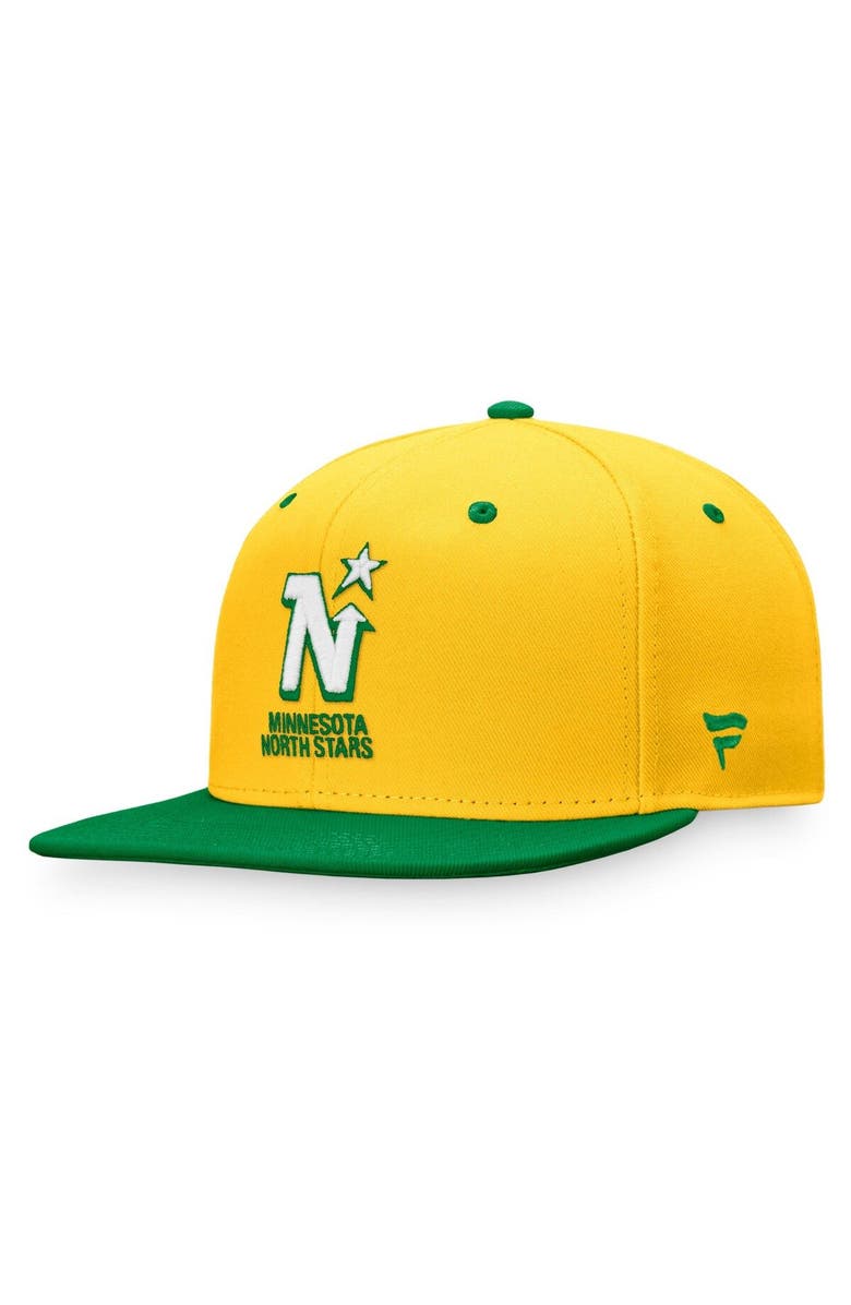 FANATICS Men's Fanatics Branded Gold/Kelly Green Minnesota North Stars Iconic Heritage Two-Tone Panel Fitted Hat, Alternate, color, 