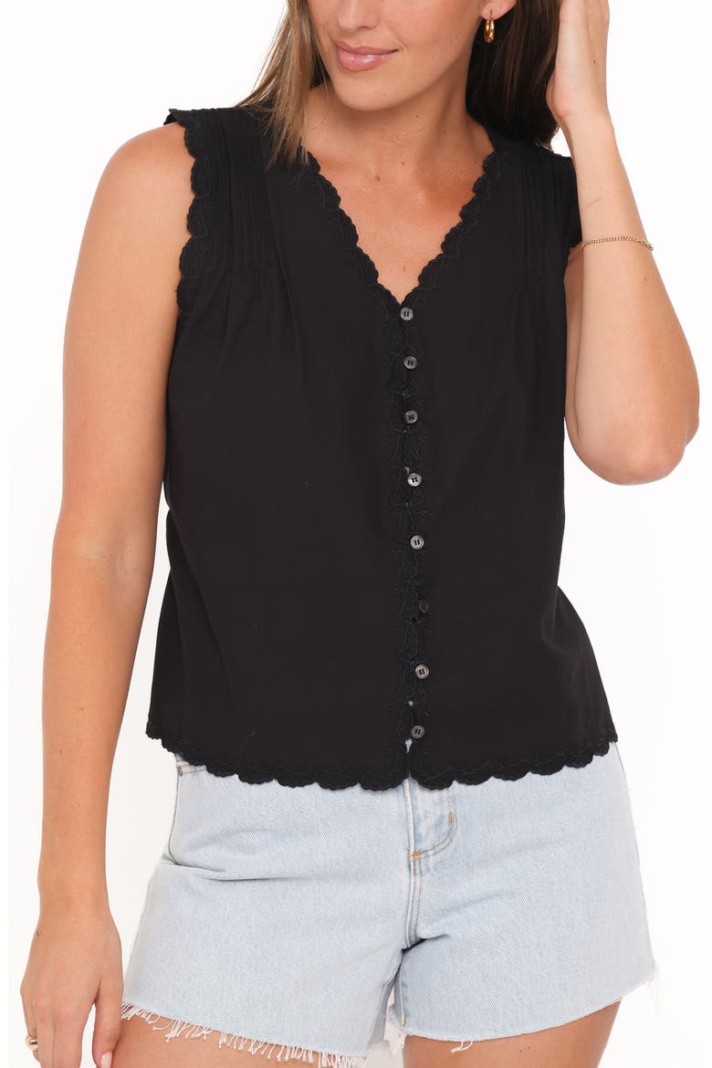 Lori Lace Trim Sleeveless Cotton Button-Up Shirt, Alternate, color, BLACK