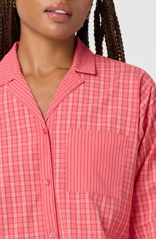 Florence By Mills Micro Plaid Crop Stretch Cotton Button-up Shirt In Pink