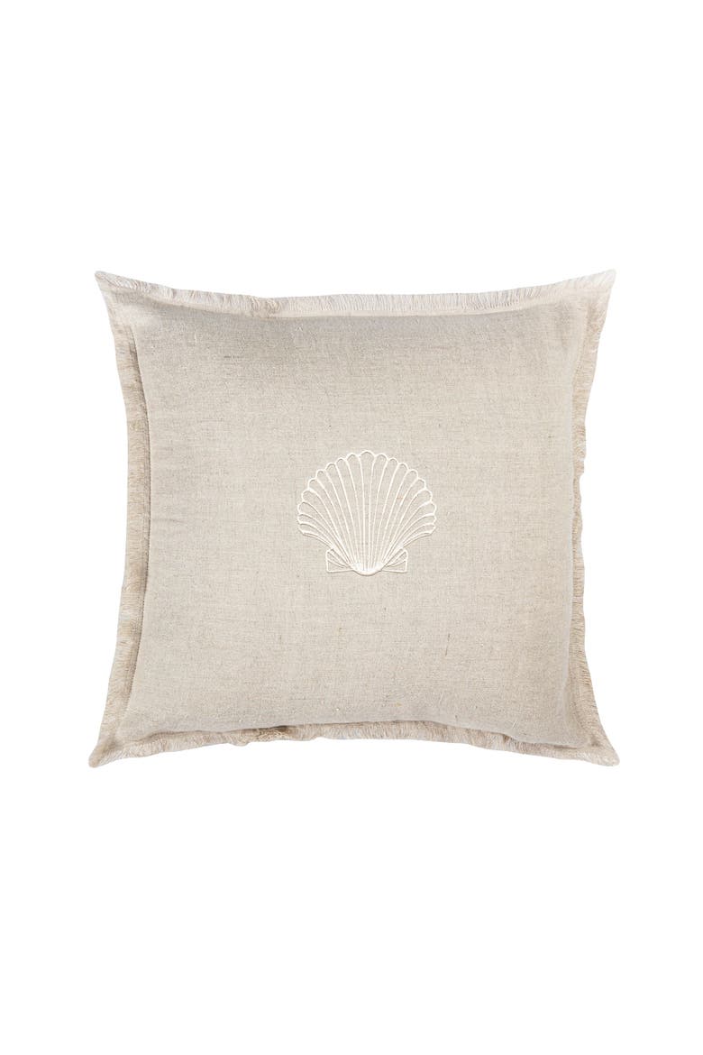 Seashell Beige Embroidered Linen Fringe Pillow with Down Alternative Insert, Main, color, Beige