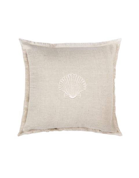 Seashell Beige Embroidered Linen Fringe Pillow with Down Alternative Insert