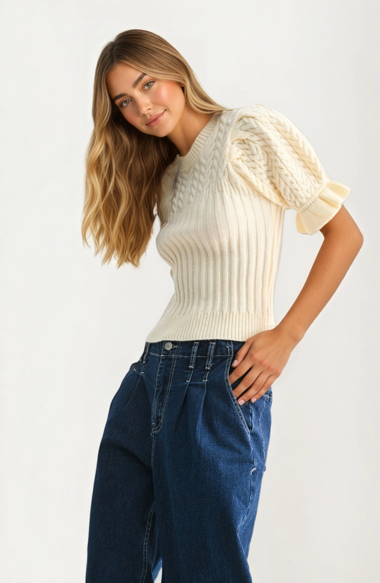 Knit and Lounge Puff Sleeve Cable Knit Sweater, Alternate, color, 