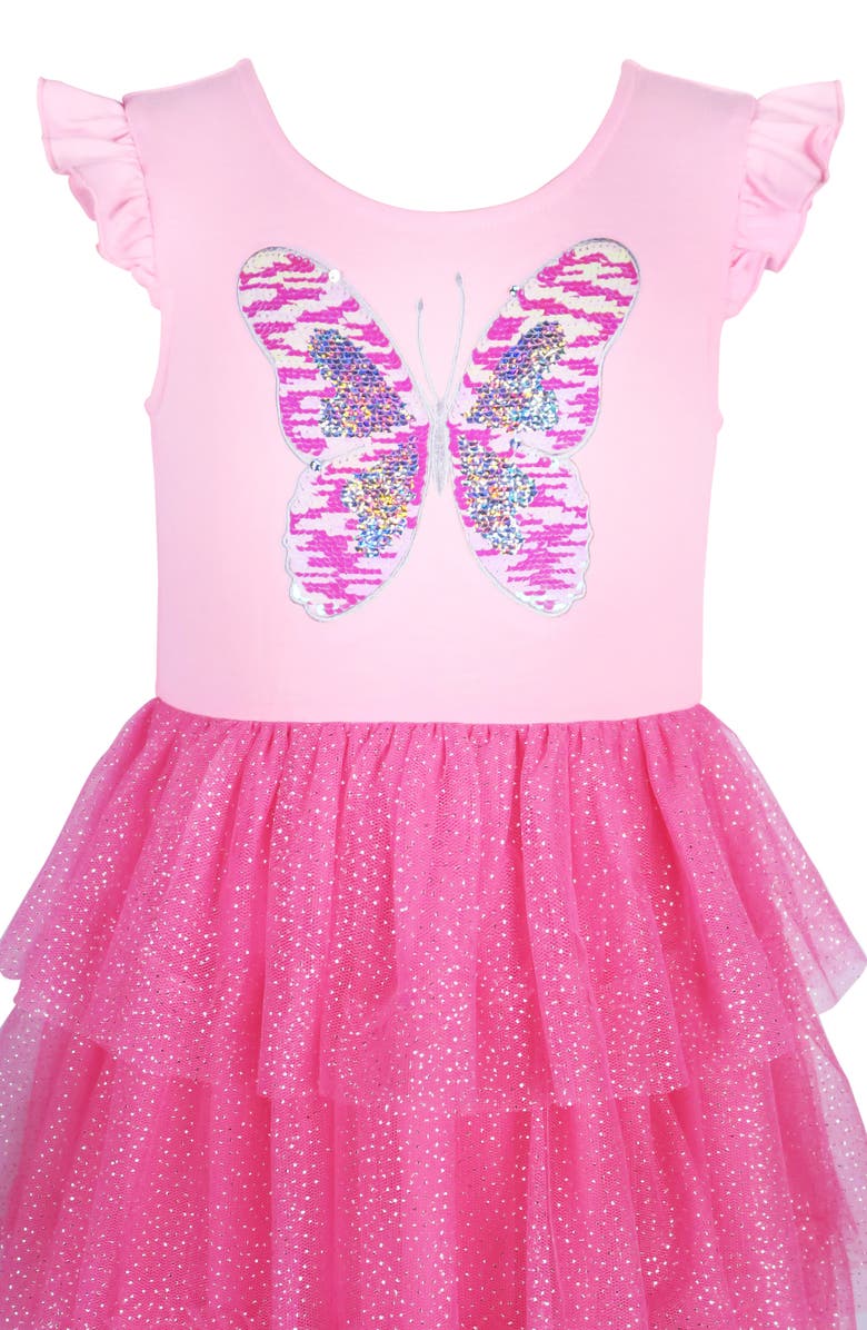 Zunie Kids' Butterfly Ruffle Sequin Tiered Dress, Alternate, color, Pink