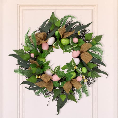 Northlight Easter Egg And Burlap Ribbon Mixed Foliage Twig Wreath In Green