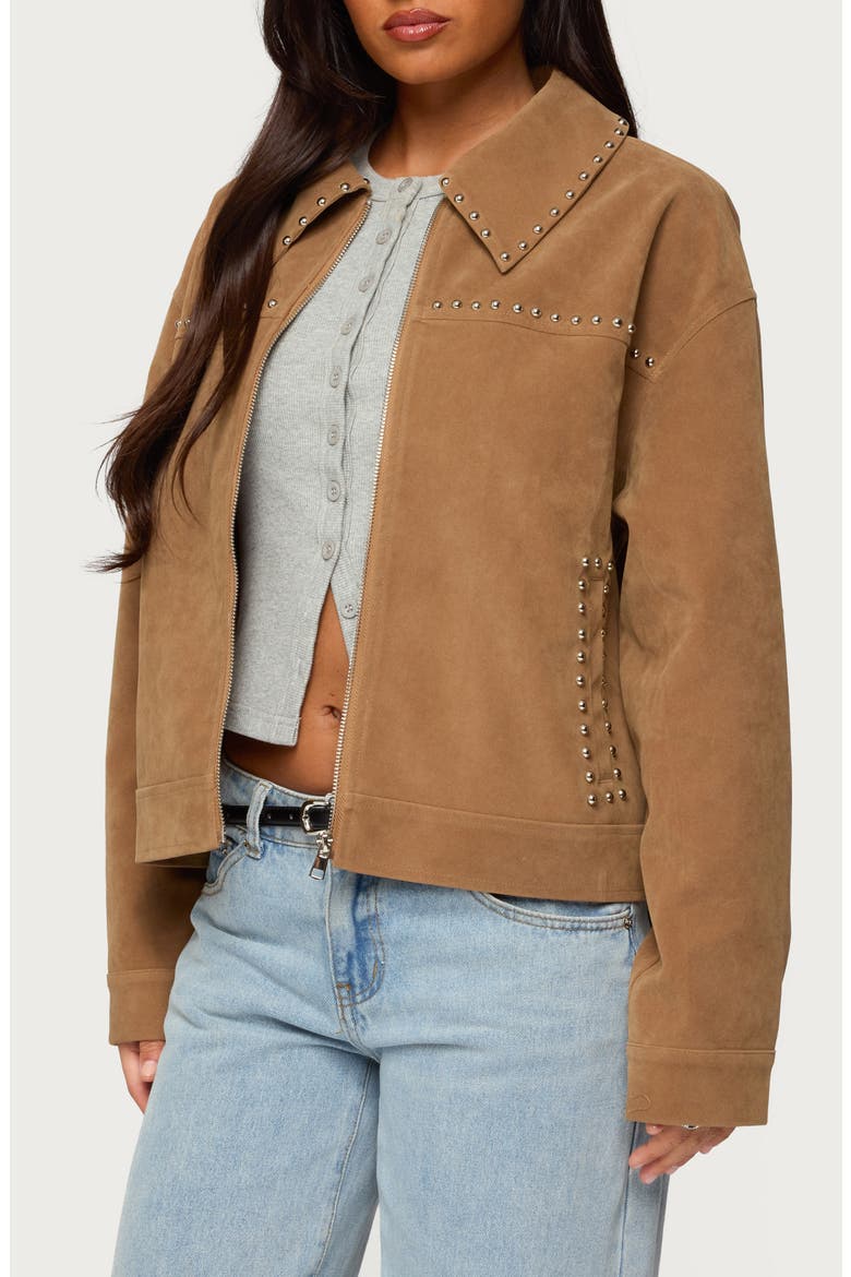Memphis Studded Faux Suede Jacket, Alternate, color, TAN