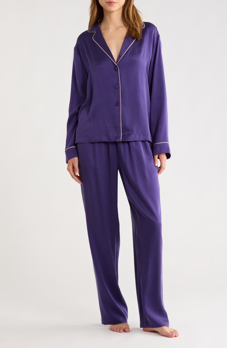 Lunya Piped Washable Silk Pajamas, Main, color, Flying Fig/ Lilac Haze