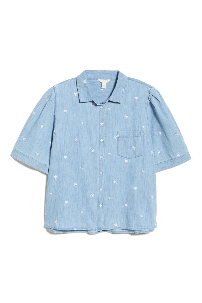 Embroidered Short Sleeve Chambray Shirt, Alternate, color, LIGHT WASH