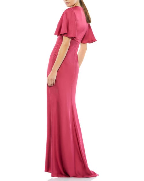 Mac Duggal Flounce Sleeve Satin Trumpet Gown
