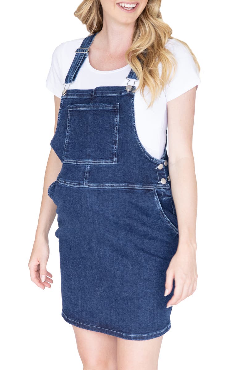 Angel Maternity Denim Pinafore Maternity/Nursing Dress, Main, color,