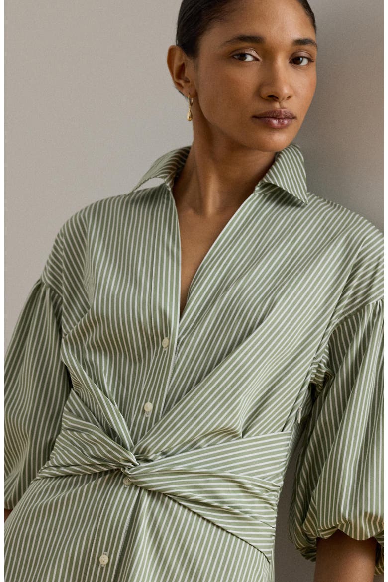 Stripe Bubble Sleeve Cotton Broadcloth Shirtdress, Alternate, color, GREEN/ WHITE
