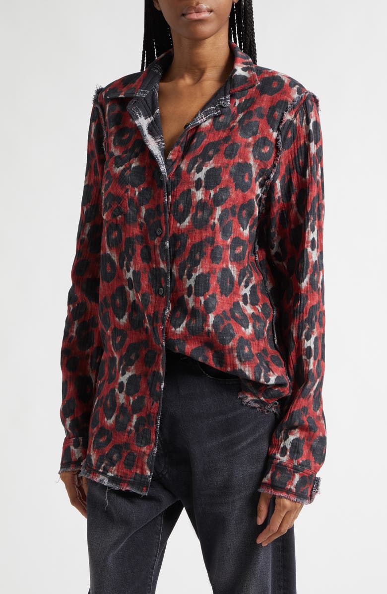 R13 Shredded Seam Drop Neck Reversible Cotton Gauze Button-Up Shirt, Alternate, color, Black Ecru Plaid Red Leopard