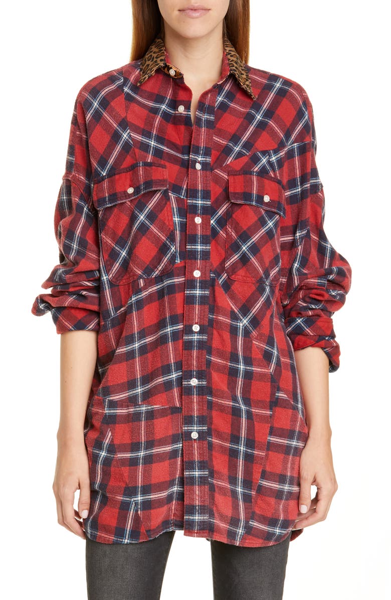R13 Patchwork Plaid Shirt with Leopard Print Collar, Main, color,