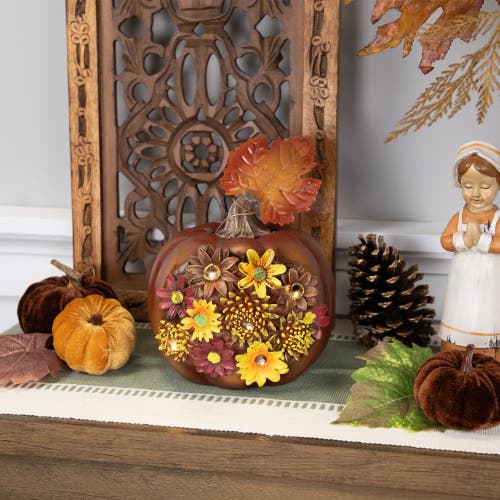 Northlight Led Lighted Solar Powered Floral Fall Harvest Pumpkin Outdoor Decoration In Brown