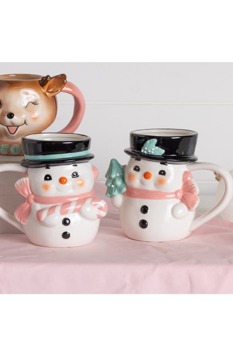 Transpac Dolomite Pink Vintage Snowman Mug Set of 2 for Christmas, Alternate, color,