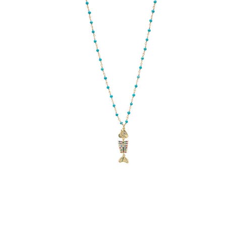 Rainbow Fishbone With Turquoise Beaded Pendant Necklace