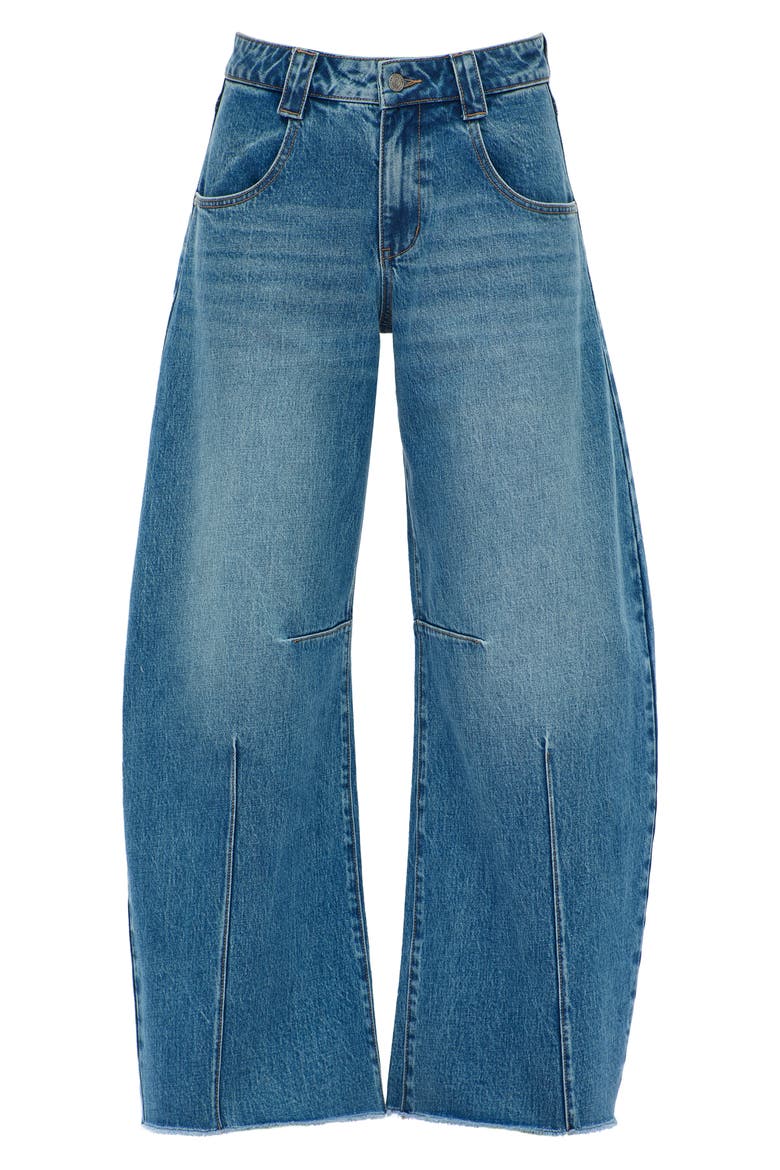 Frayed Mid Rise Drop Crotch Barrel Jeans, Alternate, color, MEDIUM BLUE
