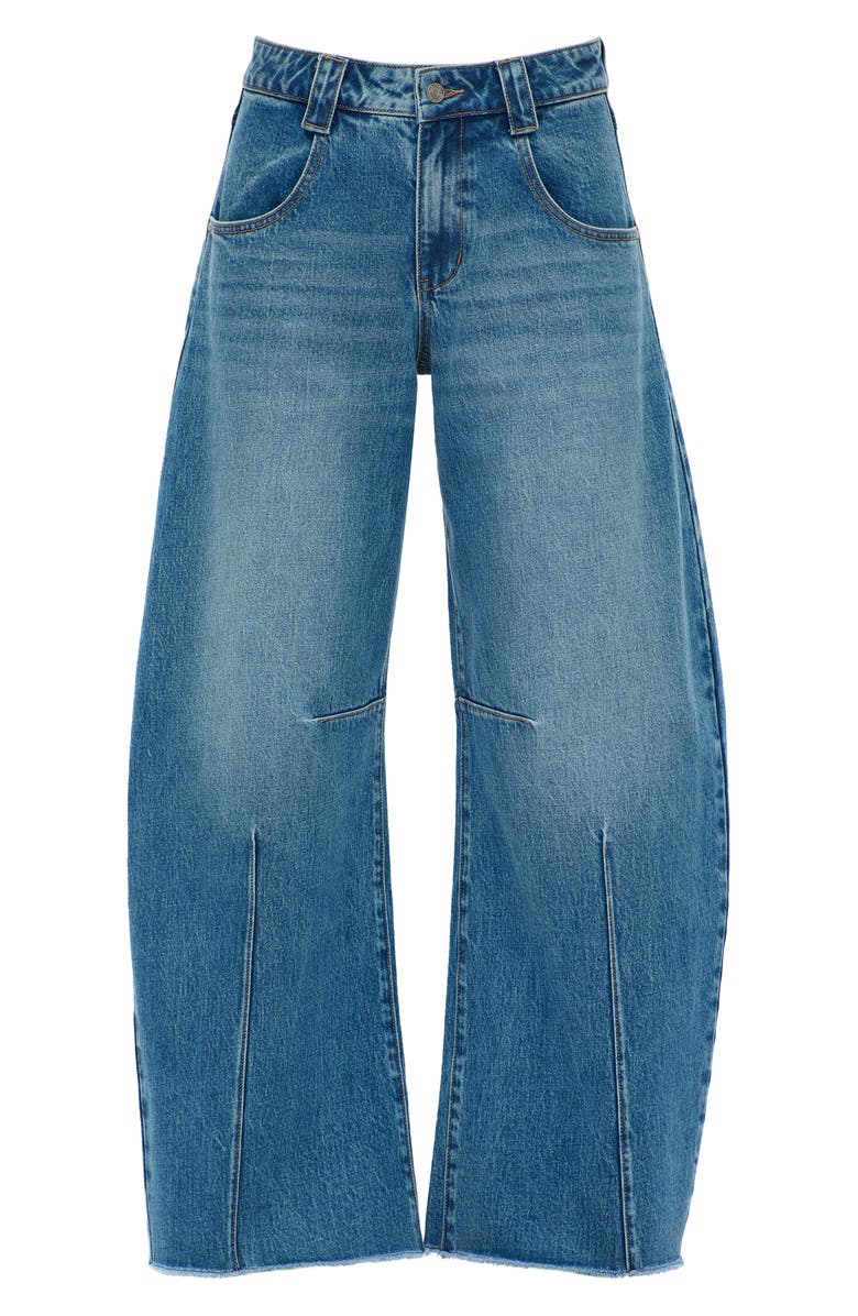 Bayeas Frayed Mid Rise Drop Crotch Barrel Jeans, Alternate, color, Medium Blue