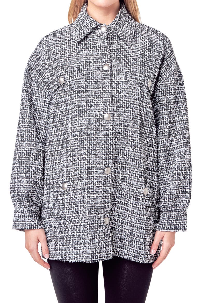 Tweed Button-Up Shirt Jacket, Main, color, BLACK/ WHITE