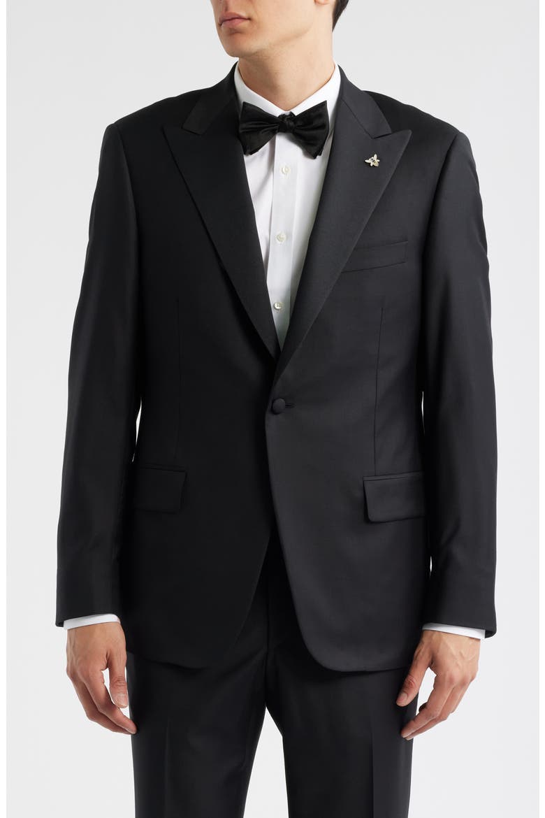 Regular Fit Peaked Lapel Black Wool Tuxedo, Alternate, color, BLACK