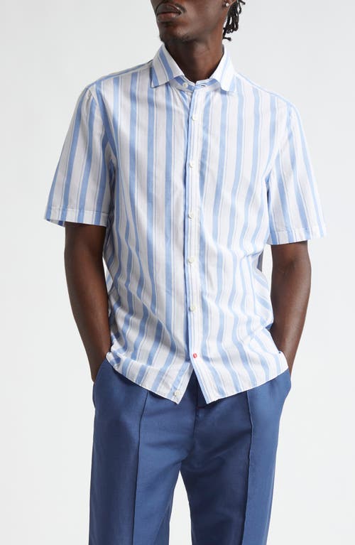 ISAIA Stripe Short Sleeve Button-Up Shirt in White/Blue 