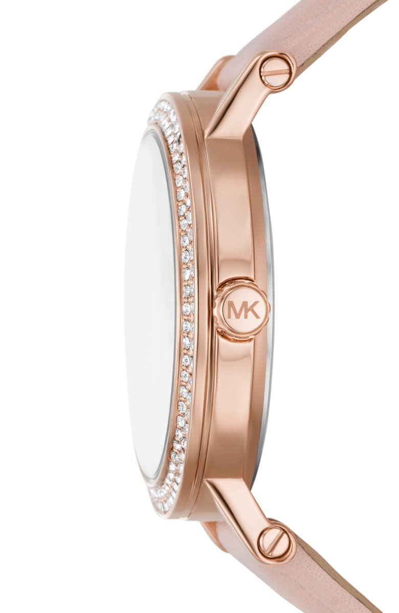 Michael Kors Corey Crystal Pavé Three-Hand Quartz Leather Strap Watch, 38mm, Alternate, color, Rose Gold