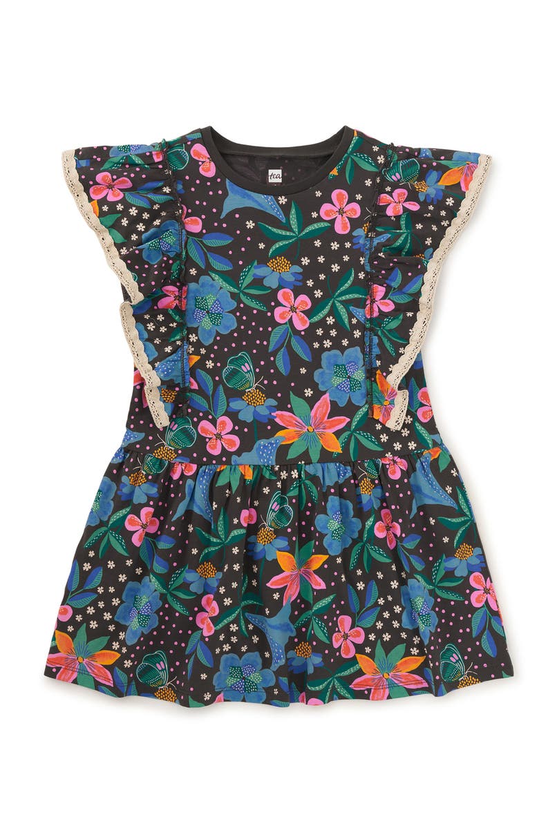 Tea Collection Crochet Trim Ruffle Dress, Main, color, Brazilian Painted Floral
