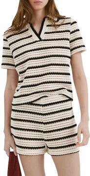 MANGO Striped Crochet Knit Polo