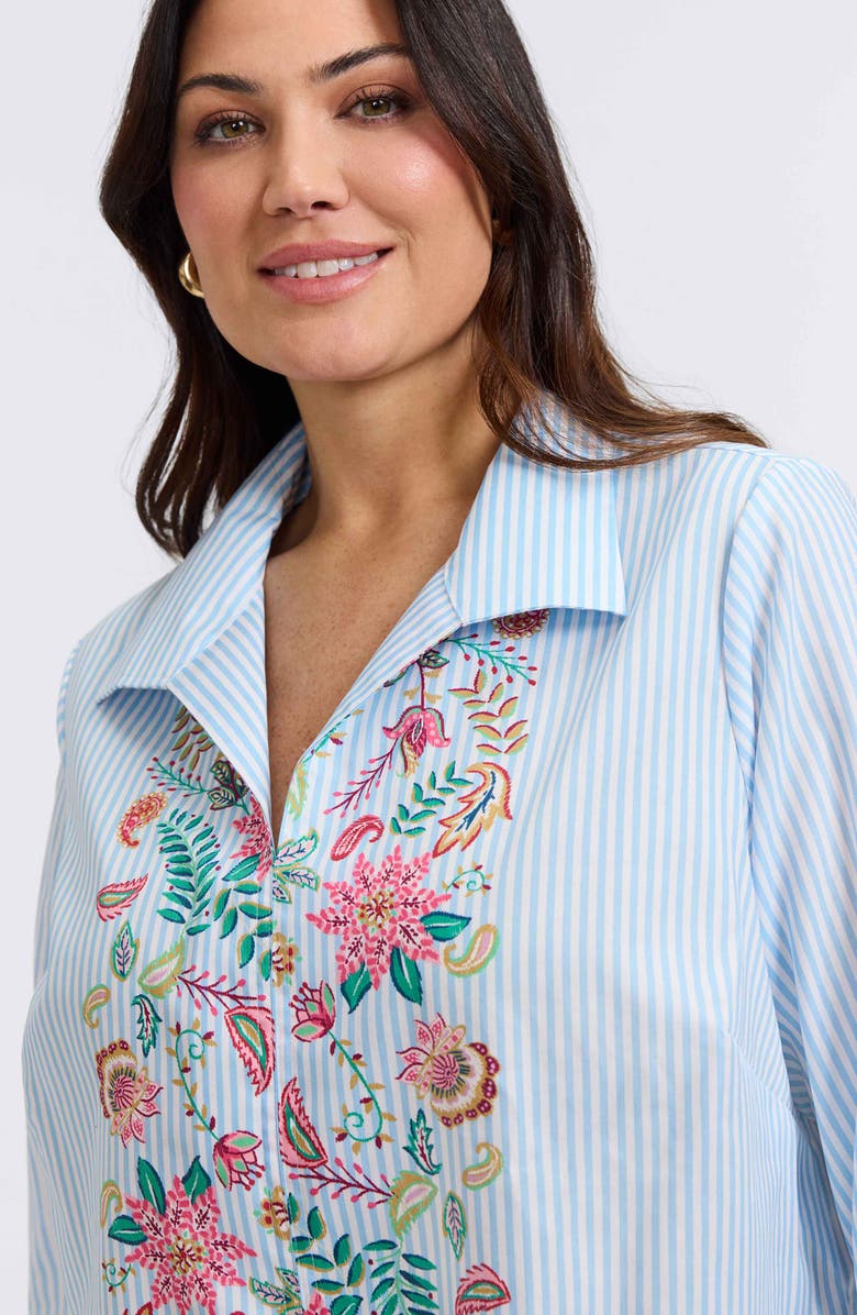 Foxcroft Agnes Stripe Floral Embroidered Cotton Shirt, Alternate, color, Blue Multi