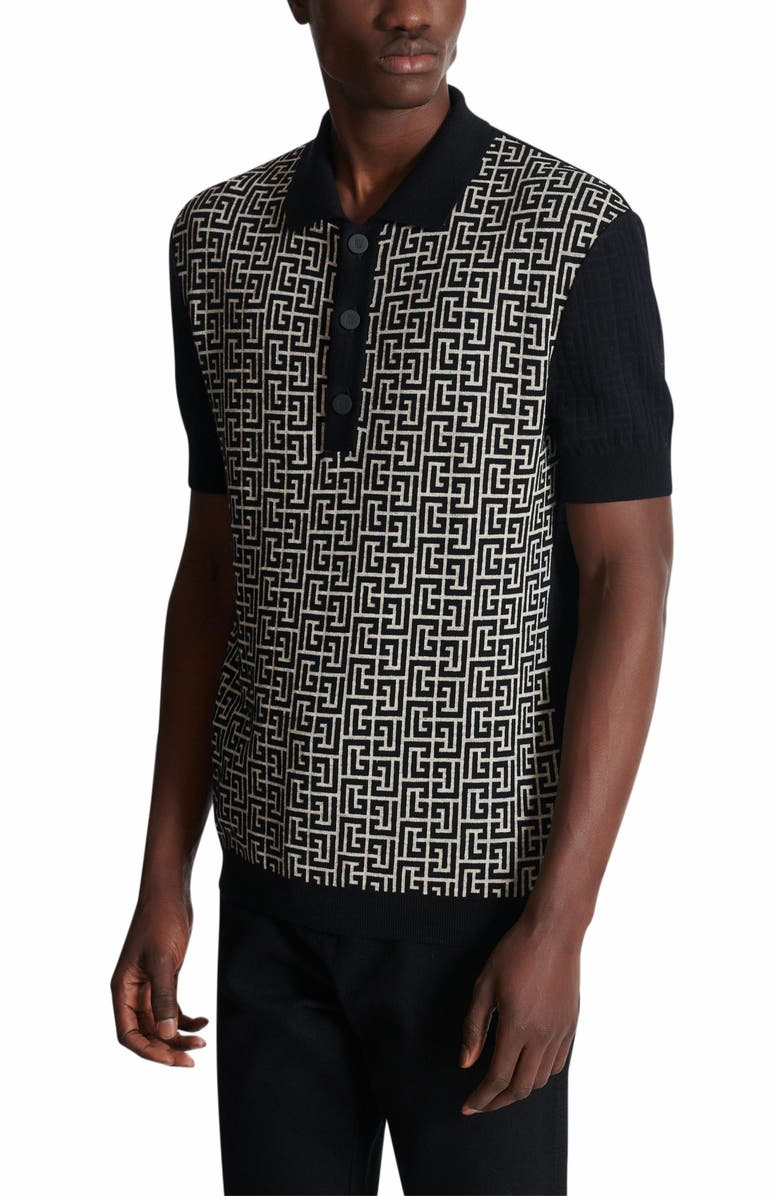 Balmain Monogram Knit Polo Shirt, Alternate, color, Black